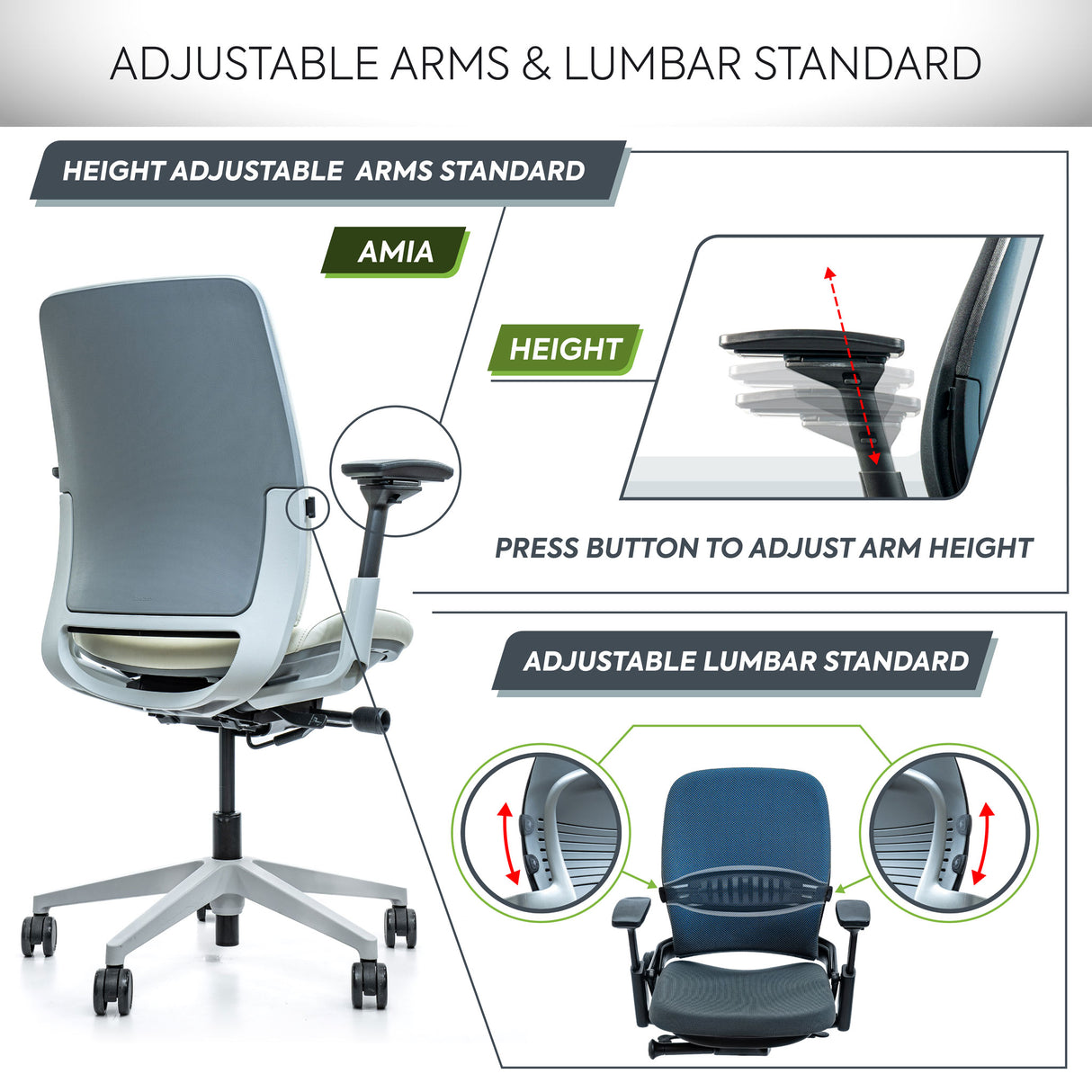 Steelcase Amia Ergonomic Office Chair - Height Only Arms - Remanufactured by Crandall