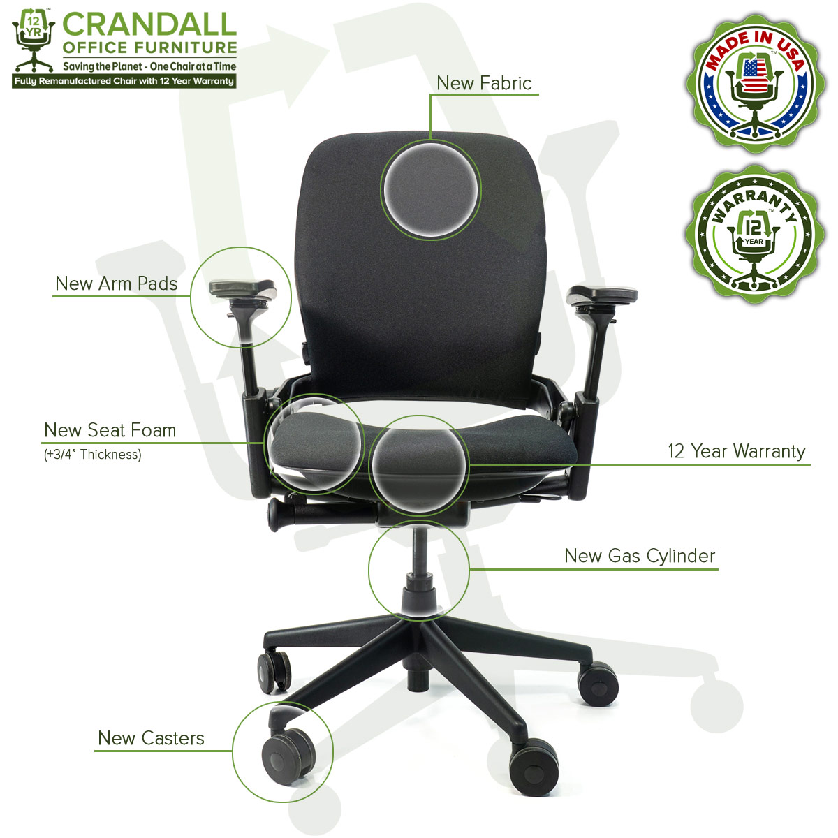 Steelcase V2 Leap - Remanufactured by Crandall with 12 Year Warranty